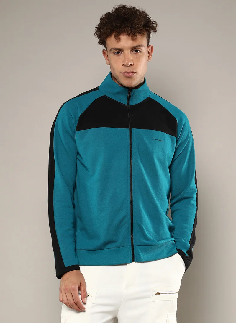 Campus Sutra Men's Teal Blue Zip-Front Jacket With Contrast Detail