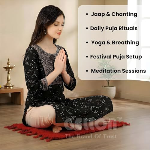 Gellon Traditional Cotton Prayer Mat for Puja, Red Asan for Prayer, Sitting, Meditation, Small Carpet Mat Rug for Floor in 24 x24 Inch in Red Color - Image 4