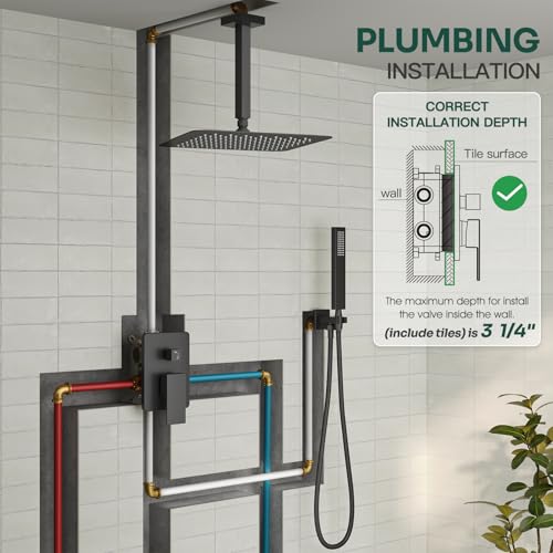 HoliSpa Ceiling Mount Shower Faucet Set, Black Shower System with 10-Inch Rain Showerhead and Handheld Spray Combo, High-Pressure Showerheads Set with Valve and Trim Kit, Matte Black - Image 2