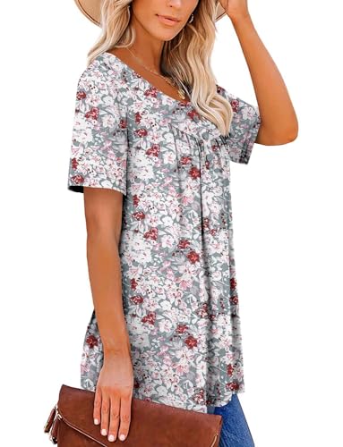 ROSELINLIN Summer Tops for Women Gray Pink Flower Short Sleeve V Neck Shirts Loose Fit XXL - Image 3