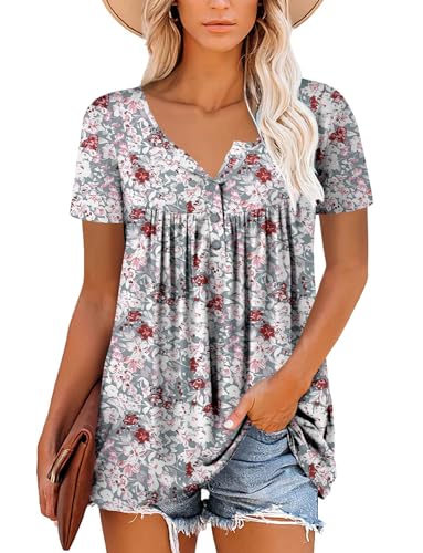 ROSELINLIN Summer Tops for Women Gray Pink Flower Short Sleeve V Neck Shirts Loose Fit XXL - Image 2