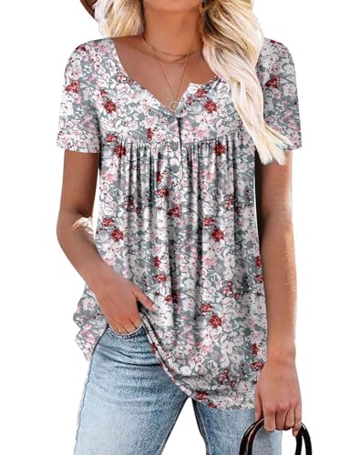 ROSELINLIN Summer Tops for Women Gray Pink Flower Short Sleeve V Neck Shirts Loose Fit XXL - Image 1