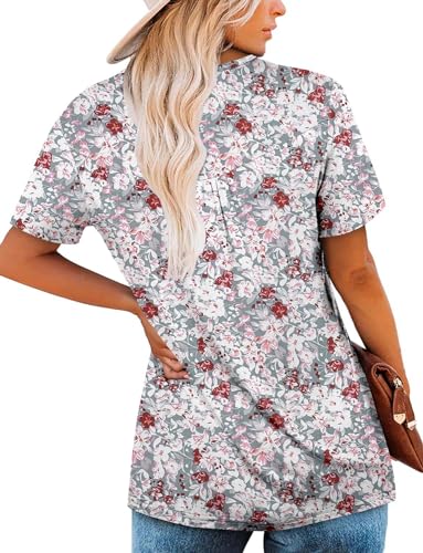 ROSELINLIN Summer Tops for Women Gray Pink Flower Short Sleeve V Neck Shirts Loose Fit XXL - Image 4