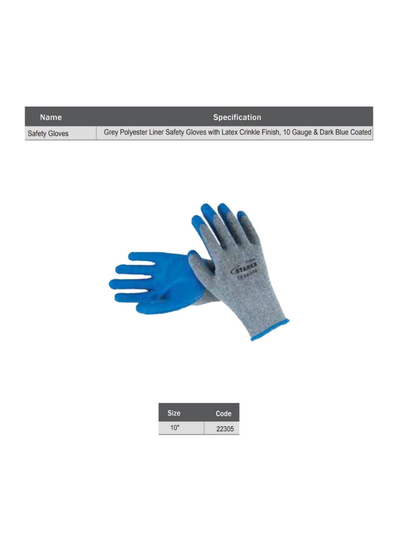 قفازات ستاريكس السلامة 10" 10G بطانة بوليستر رمادية تشطيب مطاطي مجعد مغطاة باللون الأزرق الداكن ST22305
