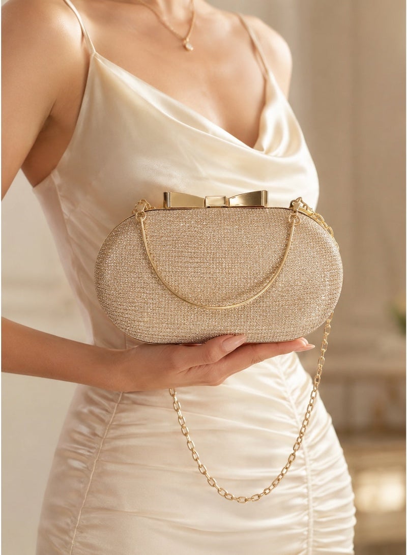 Elegant Women’s Gold Evening Clutch with Shimmering Finish and Luxurious Metal Handle – Perfect for Weddings, Engagements, Eid, and Special Occasions - Image 1