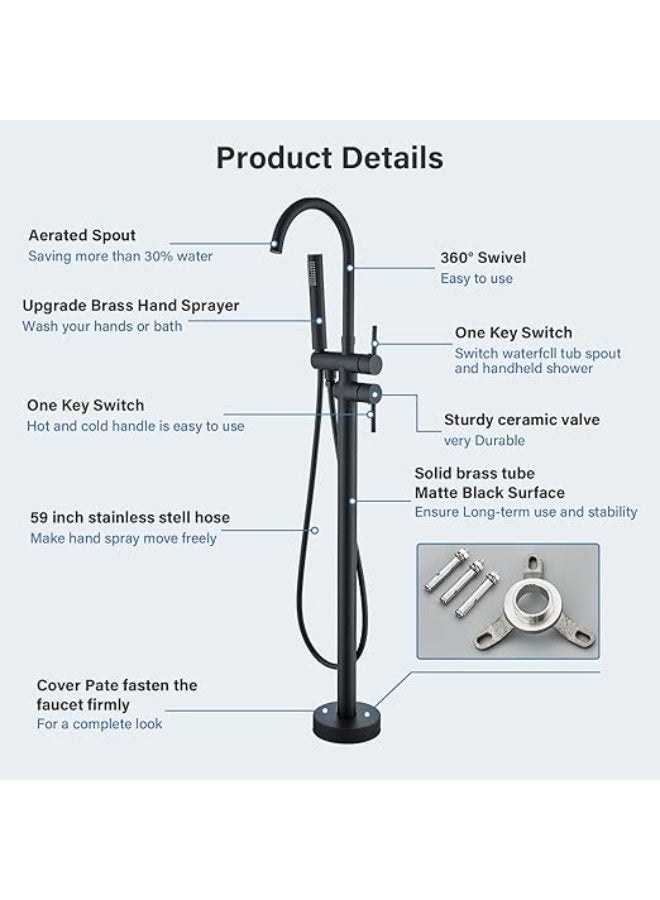 YD Luxury Freestanding Bathtub Faucet Floor Mounted Bath Mixer Tap with Hand Shower Modern Bathroom Tub Filler Single Lever Shower Set - Image 4