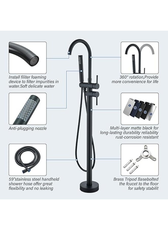 YD Luxury Freestanding Bathtub Faucet Floor Mounted Bath Mixer Tap with Hand Shower Modern Bathroom Tub Filler Single Lever Shower Set - Image 5