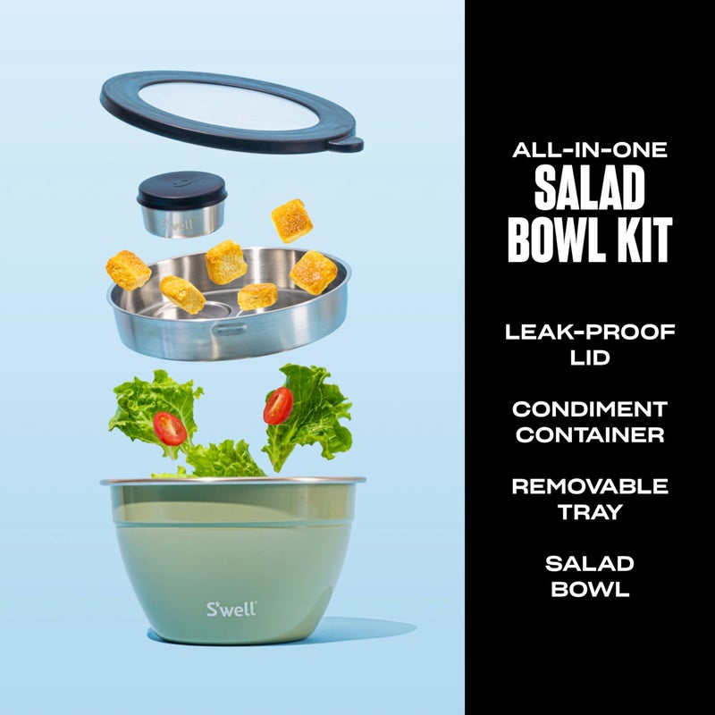 S'well Stainless Steel Salad Bowl Kit 64oz, Mountain Sage, Comes with 2oz Mini Canister and Removable Tray for Organization, Leakproof, Easy to Clean, Dishwasher Safe - Image 2