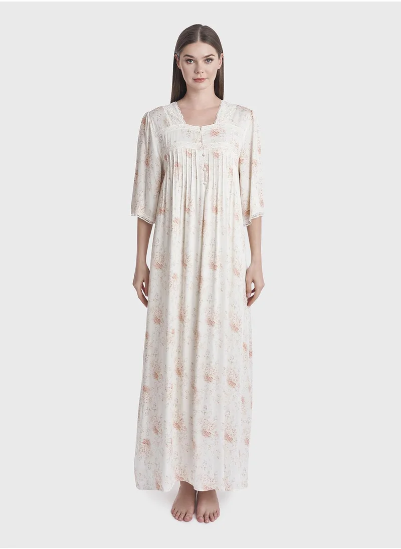 كشخة Floral Print Front Pleats Nighwear Dress