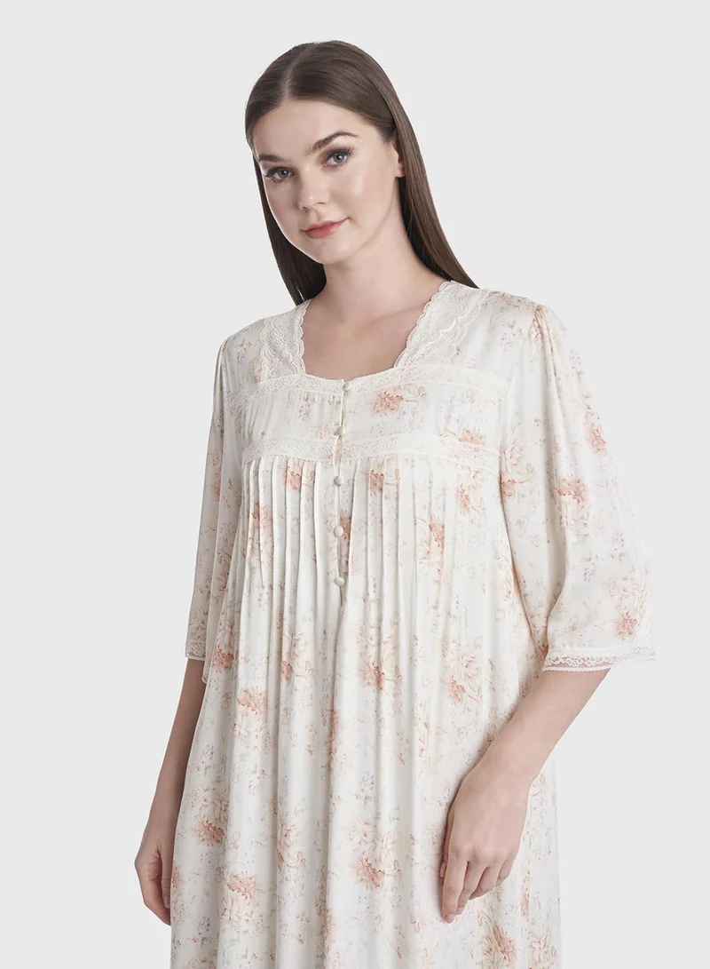 كشخة Floral Print Front Pleats Nighwear Dress