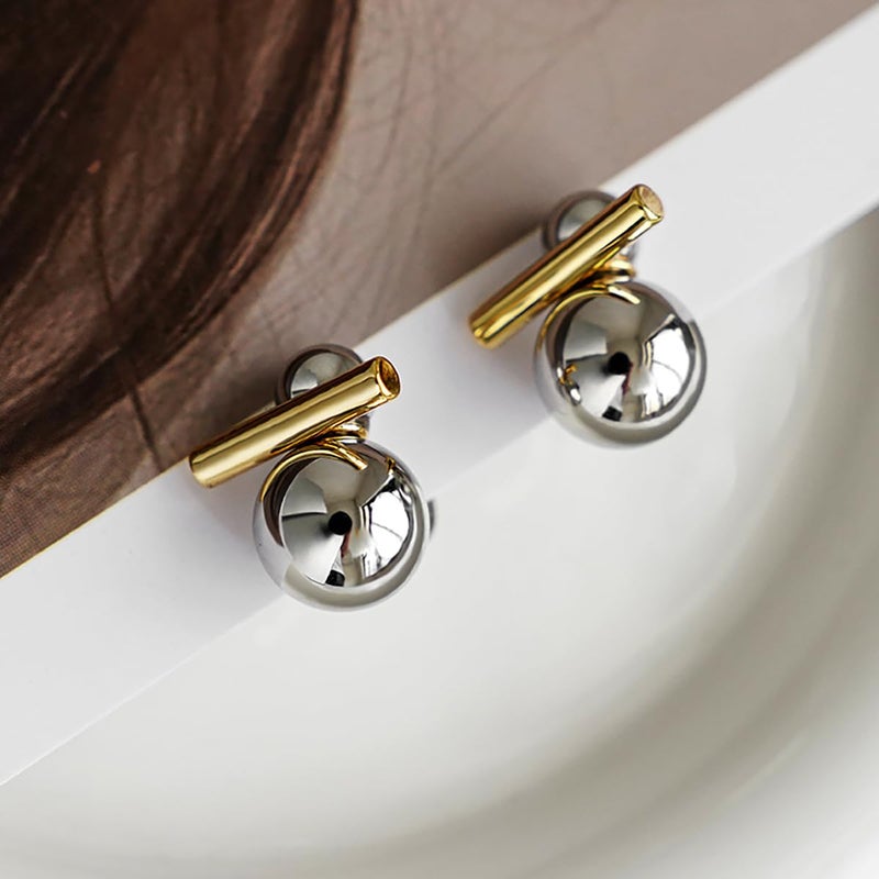 Uarein Two Tone Teardrop Stud Earring for Women Gold Silver Front Back Oval Bean Dangle Earrings Cute Post Ball Earrings Lightweight Chunky Jewelry Gifts (Ball) - Image 4