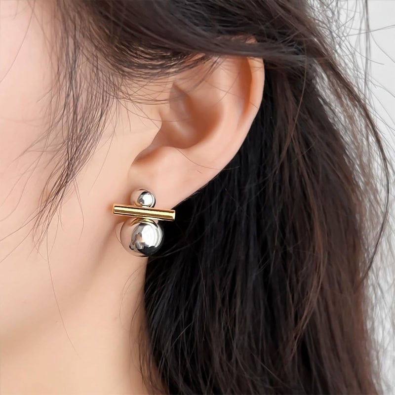 Uarein Two Tone Teardrop Stud Earring for Women Gold Silver Front Back Oval Bean Dangle Earrings Cute Post Ball Earrings Lightweight Chunky Jewelry Gifts (Ball) - Image 2