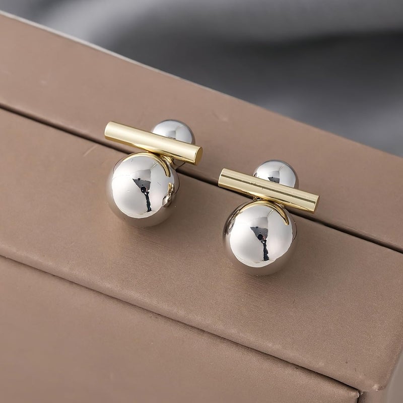 Uarein Two Tone Teardrop Stud Earring for Women Gold Silver Front Back Oval Bean Dangle Earrings Cute Post Ball Earrings Lightweight Chunky Jewelry Gifts (Ball) - Image 5