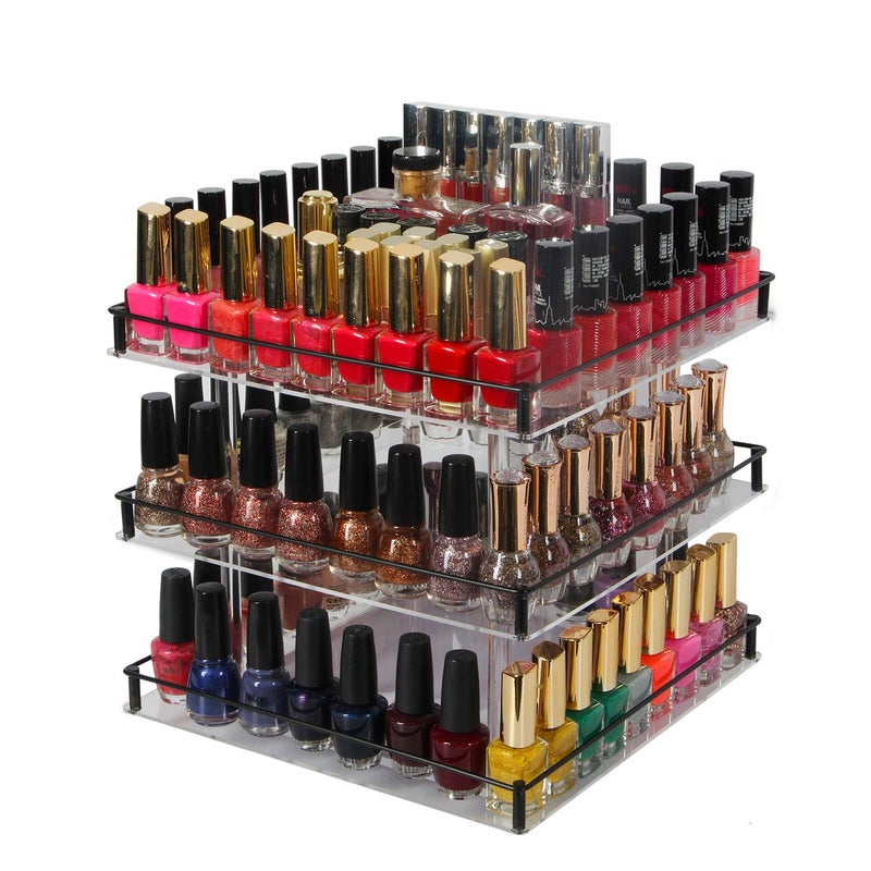 J JACKCUBE DESIGN Nail Polish Organizer, 3 Tier Acrylic 360 Rotating Display Rack Stand Makeup Cosmetics Storage Box Carousel Shelf with Black Iron Guard, Hold Up to 180 â€“ MK302-3 - Image 1