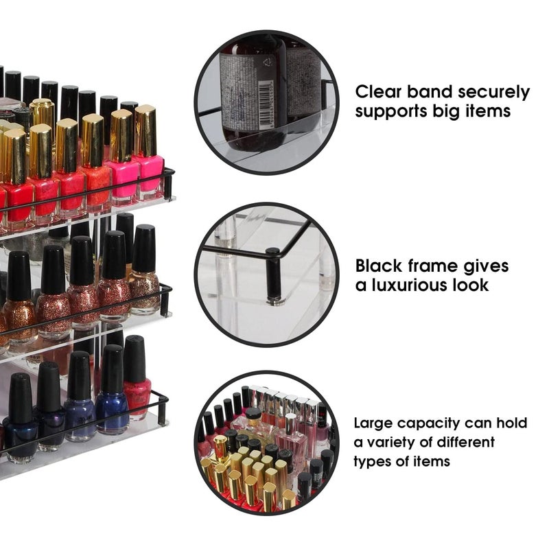 J JACKCUBE DESIGN Nail Polish Organizer, 3 Tier Acrylic 360 Rotating Display Rack Stand Makeup Cosmetics Storage Box Carousel Shelf with Black Iron Guard, Hold Up to 180 â€“ MK302-3 - Image 3