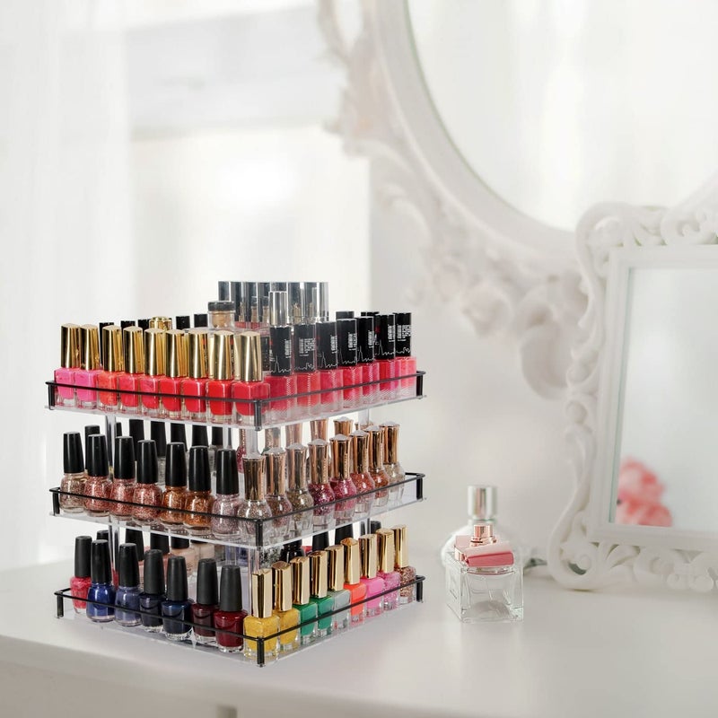 J JACKCUBE DESIGN Nail Polish Organizer, 3 Tier Acrylic 360 Rotating Display Rack Stand Makeup Cosmetics Storage Box Carousel Shelf with Black Iron Guard, Hold Up to 180 â€“ MK302-3 - Image 2