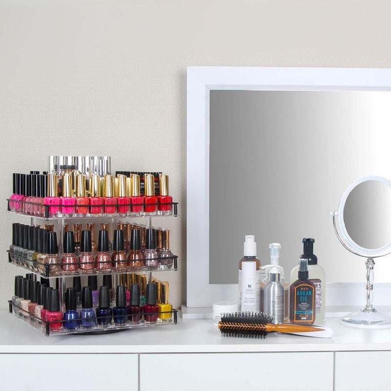 J JACKCUBE DESIGN Nail Polish Organizer, 3 Tier Acrylic 360 Rotating Display Rack Stand Makeup Cosmetics Storage Box Carousel Shelf with Black Iron Guard, Hold Up to 180 â€“ MK302-3 - Image 4