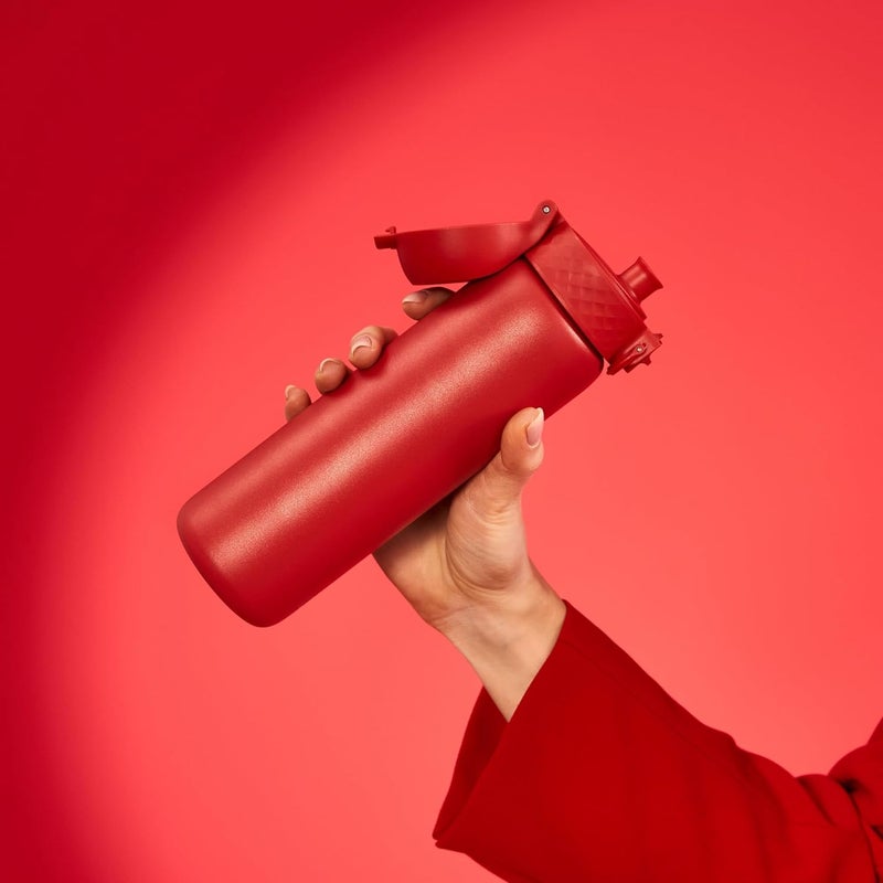 ION8 Lightweight Steel Water Bottle, 600 ml/20 oz, Non-Insulated, Leak Proof, Easy to Open, Secure Lock, Dishwasher Safe, Flip Cover, Fits Cup Holders, Carry Handle, Metal Water Bottle, Red - Image 2