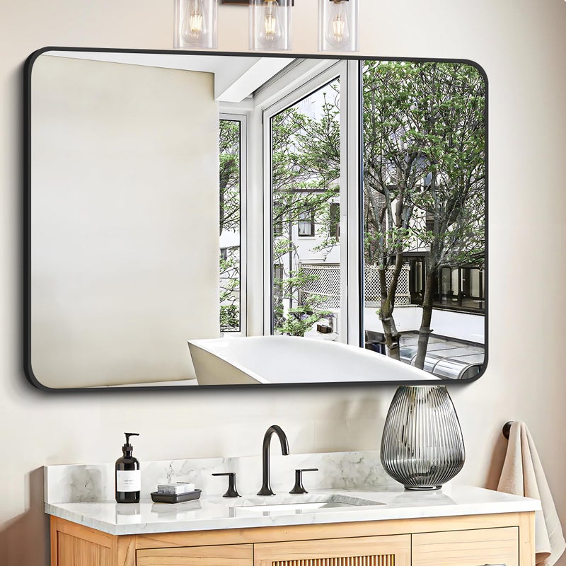 مرآة حمام FORBATH 30 × 40 مرآة حائط مستطيلة كبيرة بإطار معدني أسود وزوايا مدورة مثبتة على الحائط لزينة الحمام وغرفة النوم ومدخل المنزل أفقي عمودي