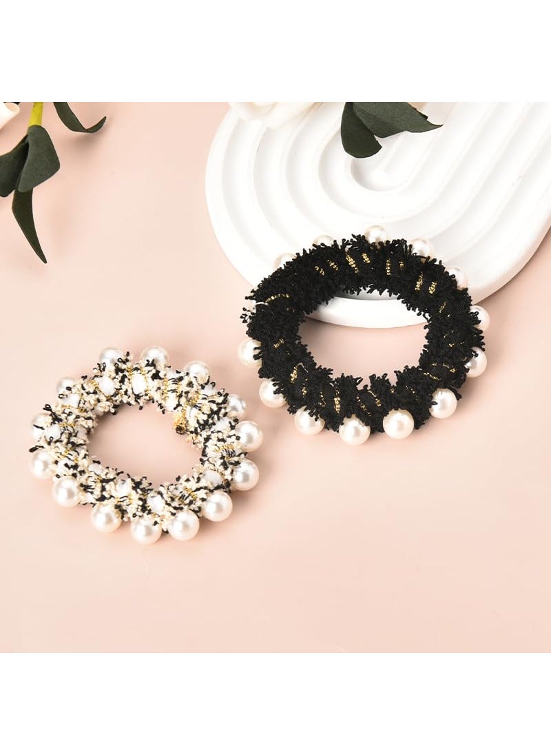 YangQian - Pearl Scrunchies for Women  No Damage No Crease Ouchless Hair Elastics  Thin and Thick Ponytail Holders Hair Accessories Black White Bead Rope Scrunchy Hair Bands 2Pcs - Image 1