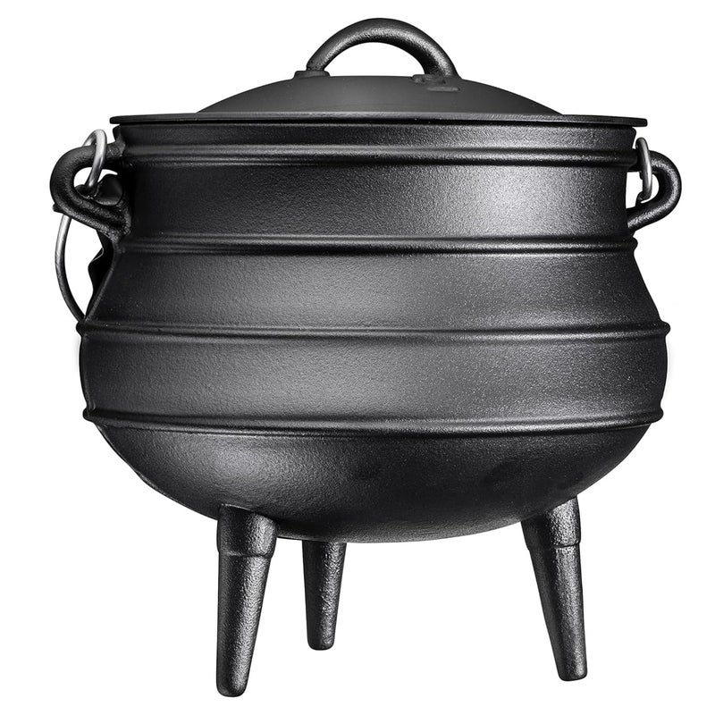 Bruntmor 12 Quart Cast Iron Dutch Oven Cauldron Pot  Camping Cookware with Lid  PreSeasoned HeavyDuty Potjie for Stews Soups Braising and Frying Over Fire Pit Grill or Camp Stove  Black