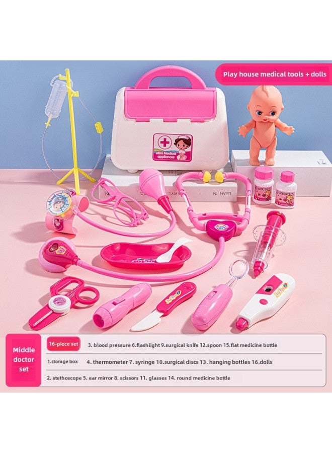 Explosions Small Doctor Toy Play Stethoscope Children's Injection Play House Girl Medical Box Nurse Tool Wholesale-Color:Pink Medical Set Of 15 + Dolls - Image 1