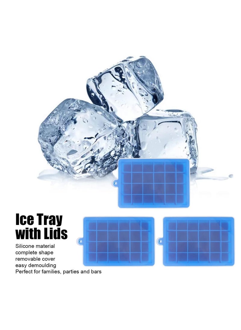 BLOOMING TIME - 3Pcs Reusable Silicone Ice Cube Tray,Ice Cube Maker with Removable Lid,Easy Demoulding 24 Grids Ice Cube Mold,for Whiskey and Cocktails (Blue) - Image 1