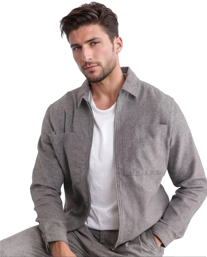 رير رابِت Men's Regular Fit Zipper Closure Solid Shacket