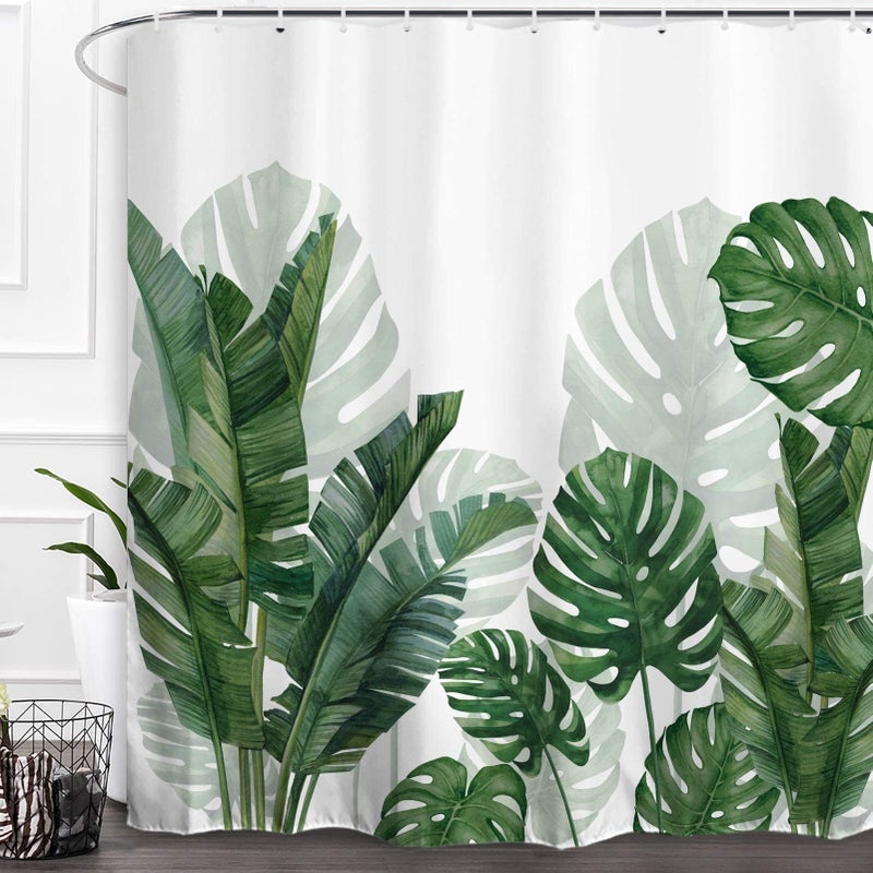 Baccessor Tropical Green Plant Shower Curtain Waterproof Washable Fabric Summer Bathroom Decor Botanical Banana Monstera Leaf Palm Tree Shower Curtain with Hooks 72 W x72 H Inch - Image 1