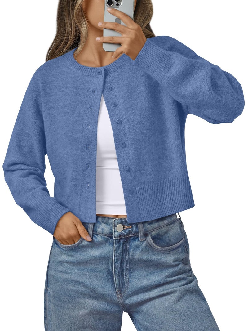 LILLUSORY Womens Cropped Cardigan Sweaters Lightweight Crop Knit Y2k Outfits Fashion Button Up Clothes Blue M - Image 1
