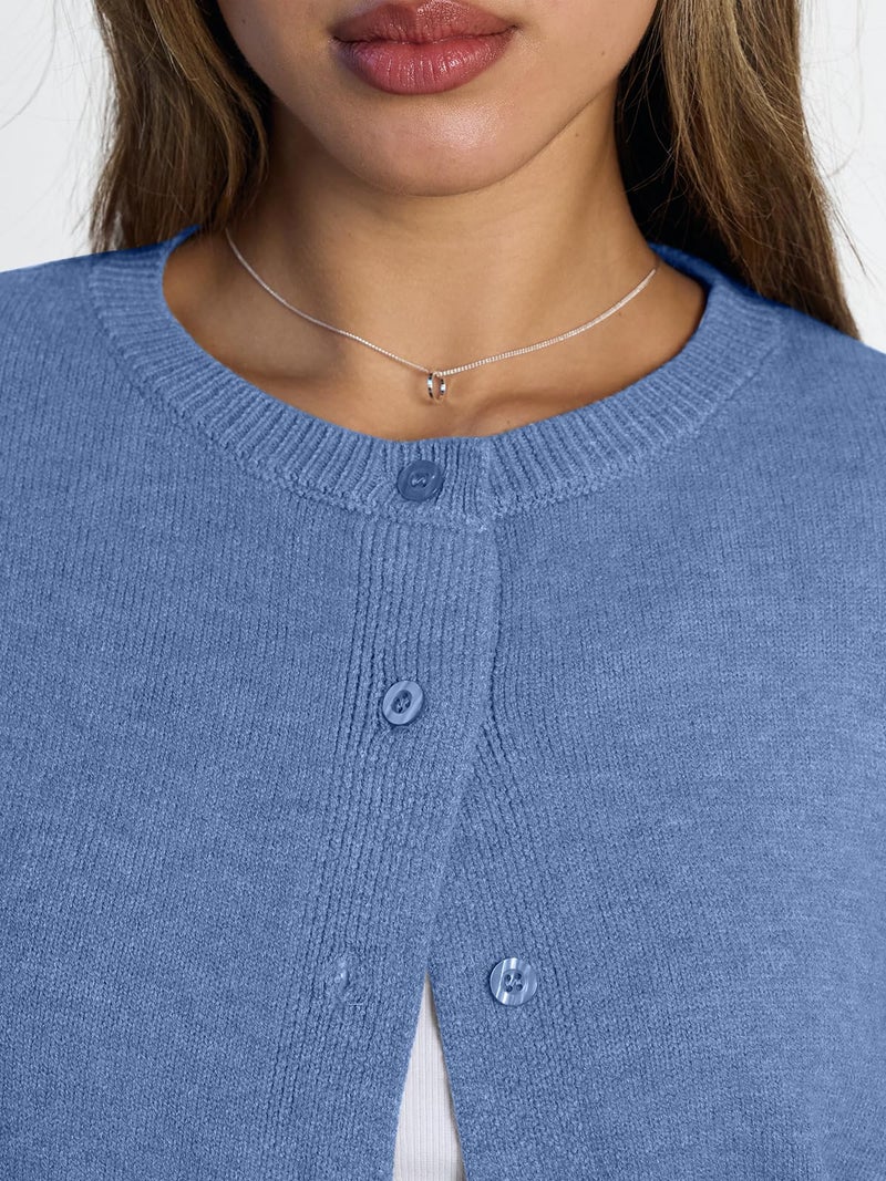LILLUSORY Womens Cropped Cardigan Sweaters Lightweight Crop Knit Y2k Outfits Fashion Button Up Clothes Blue M - Image 5