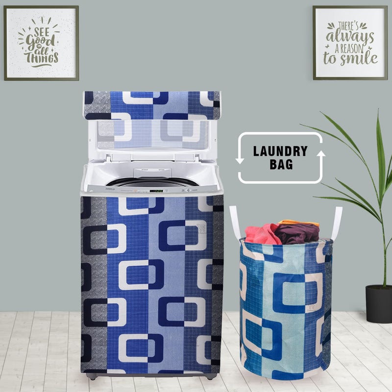 E-Retailer مجموعة حصرية من ERetailer مكونة من 1 قطعة غطاء غسالة تحميل علوي و1 قطعة حقيبة غسيل قابلة للطي لون أزرق هندسي تحتوي على 2 قطعة - Image 1