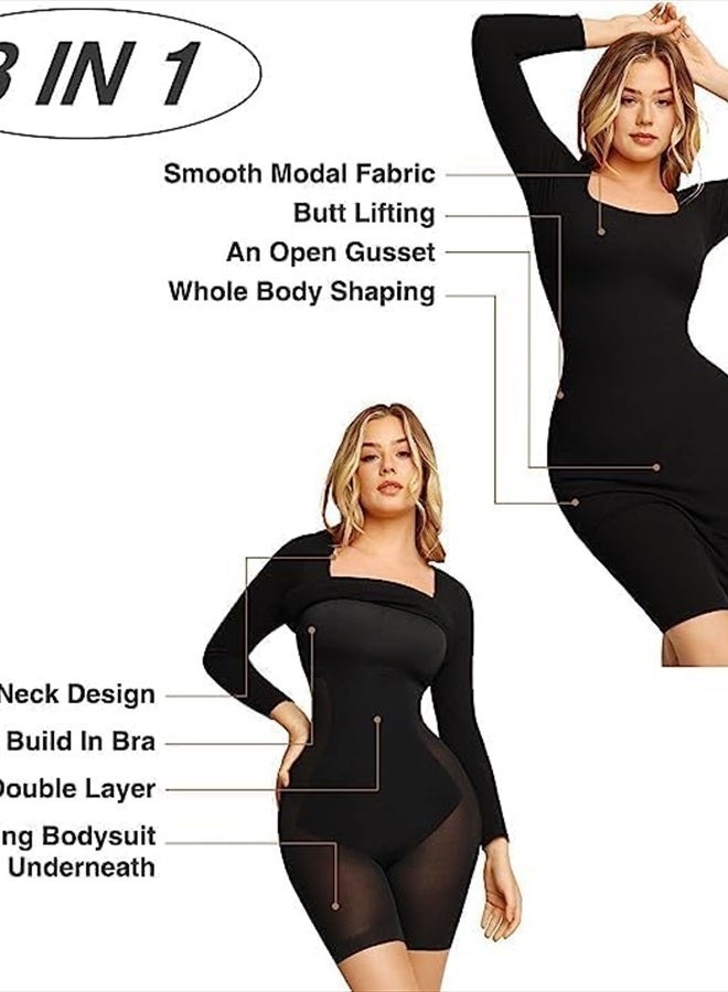 Popilush Long Sleeve Midi Dress Bodycon Party Dress Shapewear Tummy Control Cocktail Dresses Built-in Bra - Image 2