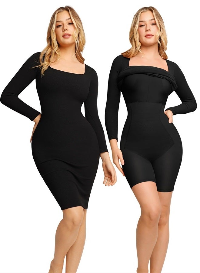 Popilush Long Sleeve Midi Dress Bodycon Party Dress Shapewear Tummy Control Cocktail Dresses Built-in Bra - Image 1