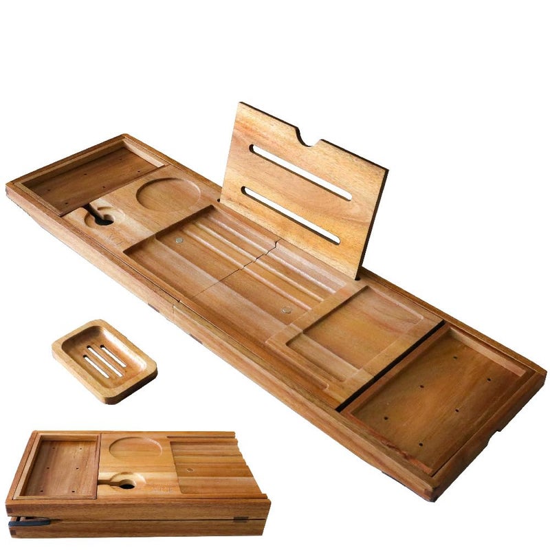 XcE XcE Foldable Bathtub Tray Expandable to 105cm for Luxury Bath Bath Tray for Bathtub Acacia Wood 