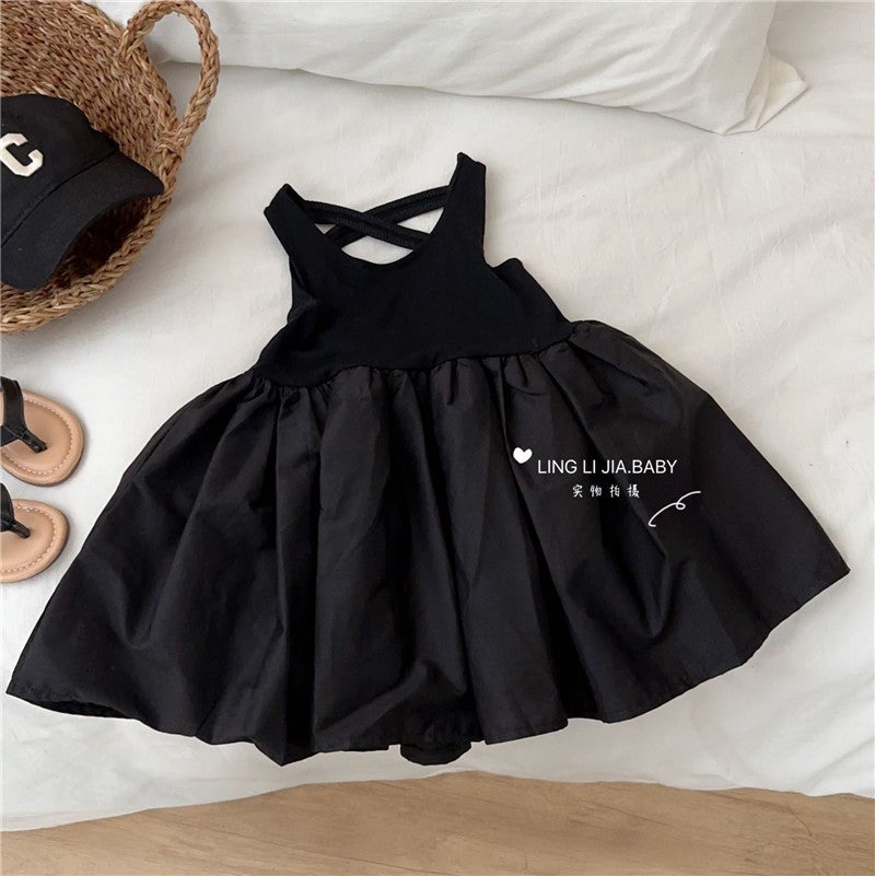 Girls 2023 Summer New Hollow-out Slim Tank Dress Childrens Caution Heavy bang Stylized Sleeveless Dress Black 