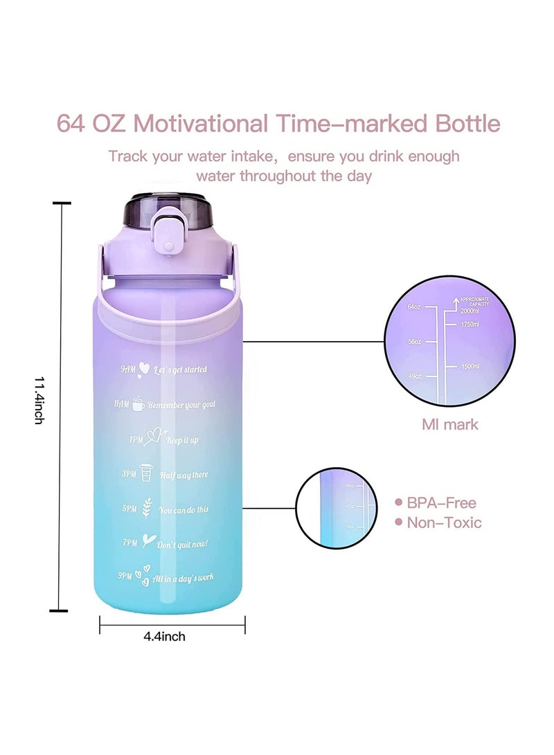 Water Bottle, 2l Inspirational Water Bottle, Sports Drink, Fitness Straw, Large Capacity Straw Water Bottle with Straw, Label, And Fixing Strap, Reusable Leak Proof Water Bottle (Blue/Purple) - Image 4