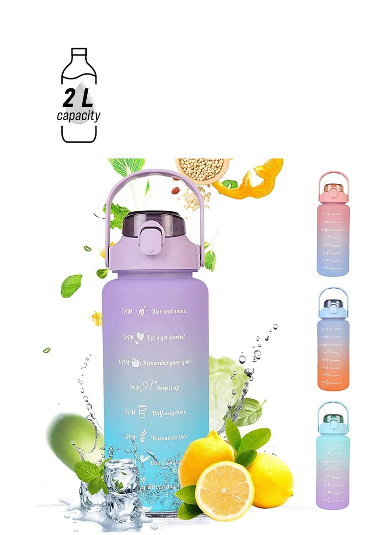 Water Bottle, 2l Inspirational Water Bottle, Sports Drink, Fitness Straw, Large Capacity Straw Water Bottle with Straw, Label, And Fixing Strap, Reusable Leak Proof Water Bottle (Blue/Purple) - Image 1