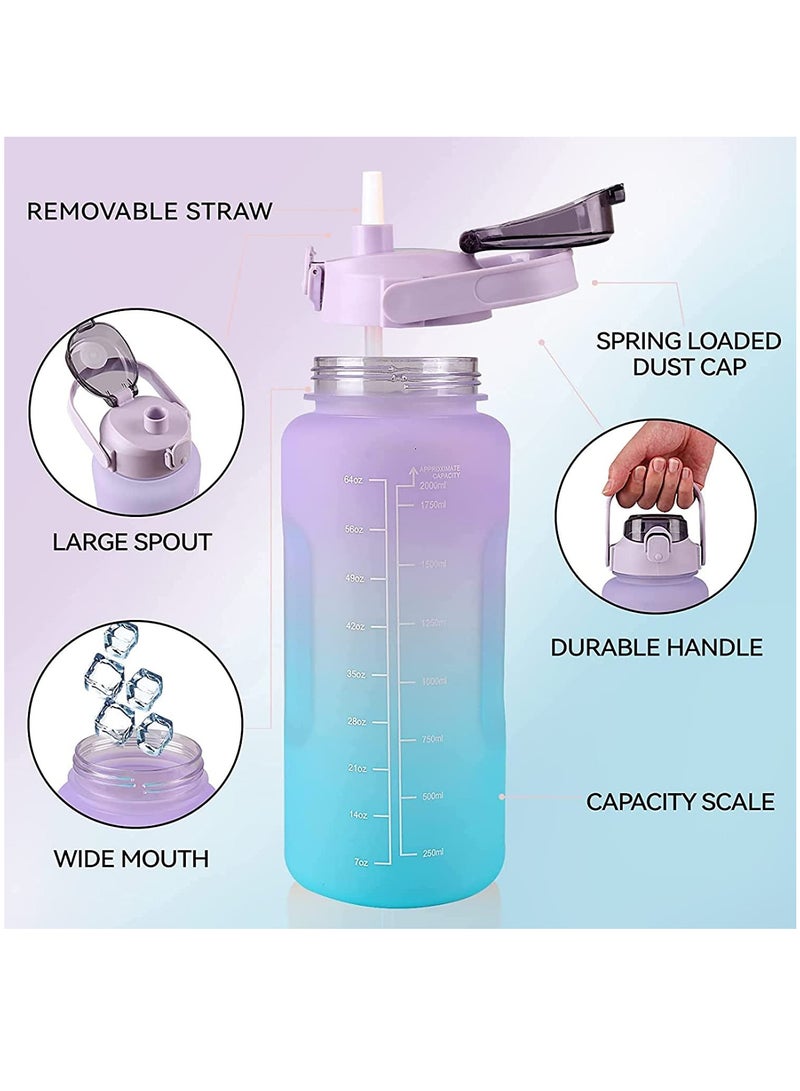 Water Bottle, 2l Inspirational Water Bottle, Sports Drink, Fitness Straw, Large Capacity Straw Water Bottle with Straw, Label, And Fixing Strap, Reusable Leak Proof Water Bottle (Blue/Purple) - Image 2