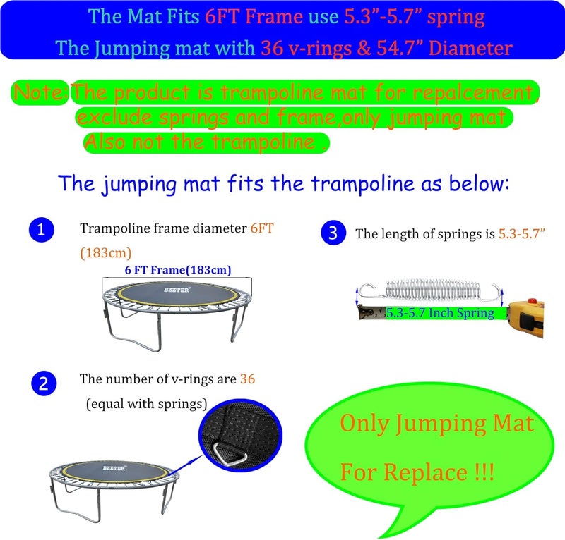 Bzzter 6FT Trampoline Mat Replacement,54.7" | 4.56FT Diameter Mat with 36 Rings, Fits 5.3"-5.7" Spring,UV Sun Protective ，w/Pull Hook and Gloves,Not Include Spring & Frame - Image 3