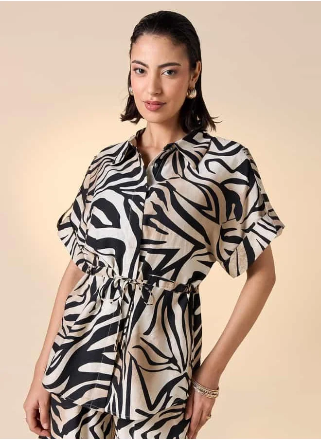 ايكونيك Iconic All-Over Animal Print Collar Shirt with Short Sleeves and Waist Tie-Up