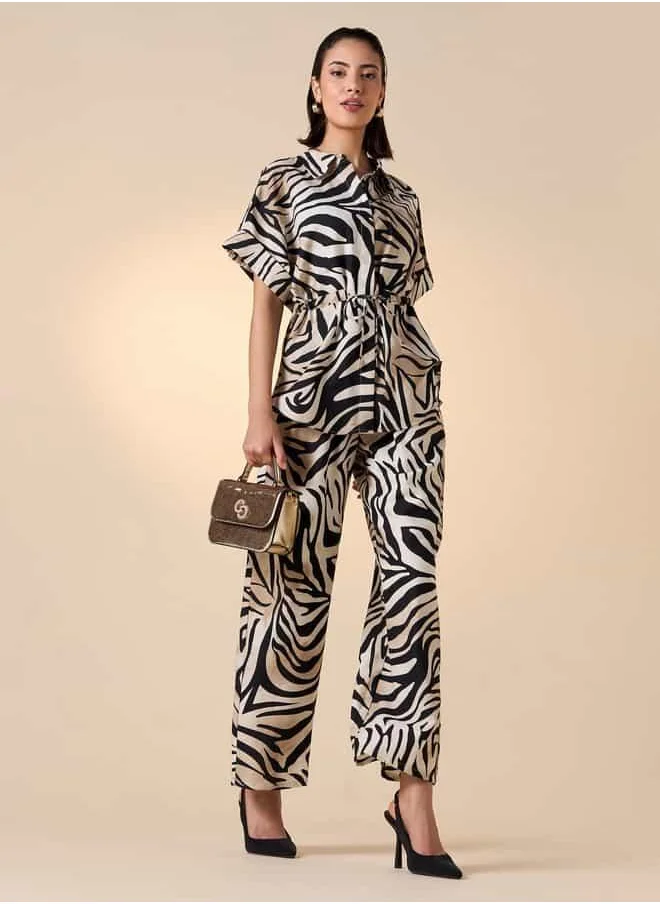 ايكونيك Iconic All-Over Animal Print Collar Shirt with Short Sleeves and Waist Tie-Up