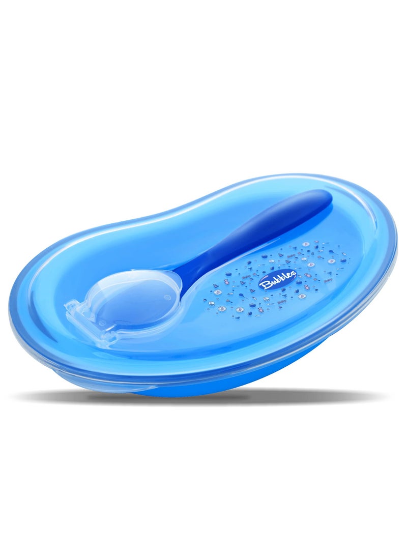 بابلز طبق بابلز الاصلى طعام للأطفال مع ملعقة وغطاء ، أزرق - Image 1