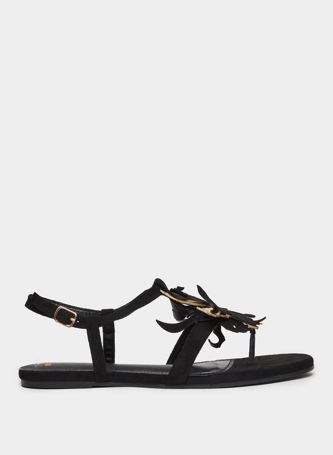 Styli Black Flat Sandals with Floral Detail - Image 1