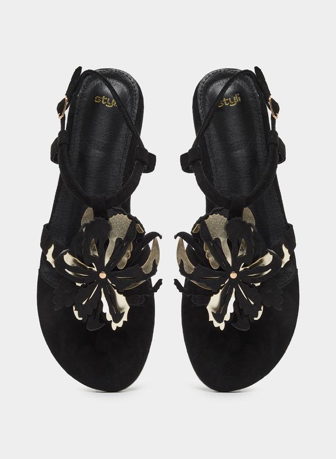 Styli Black Flat Sandals with Floral Detail - Image 5