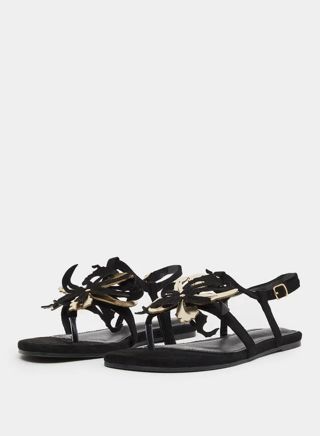 Styli Black Flat Sandals with Floral Detail