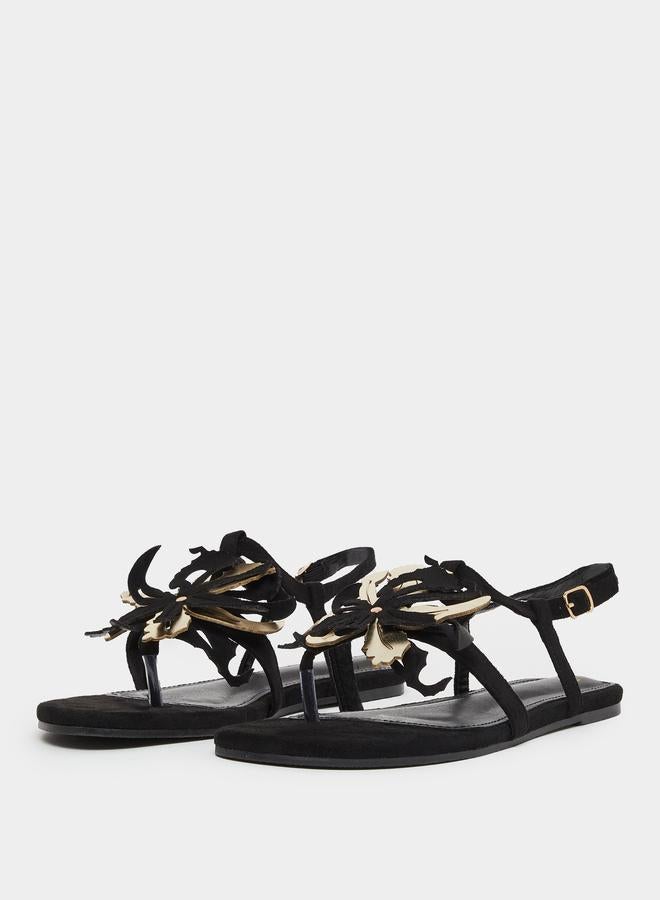 Styli Black Flat Sandals with Floral Detail - Image 2