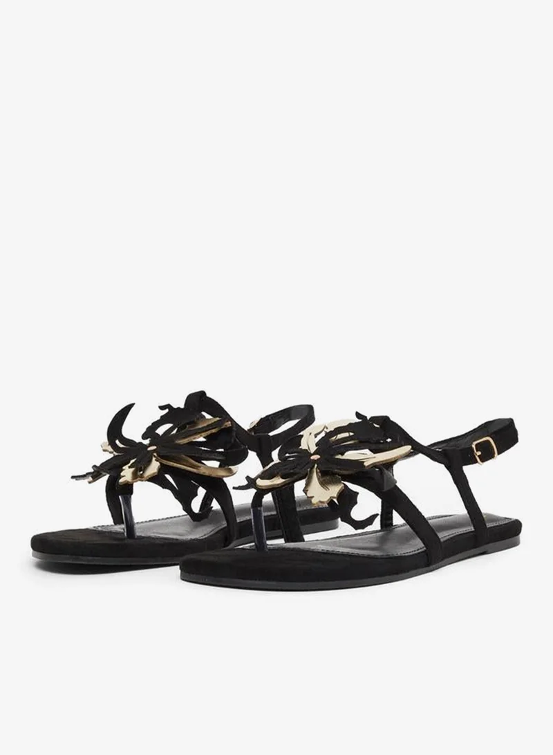 Styli Black Flat Sandals with Floral Detail