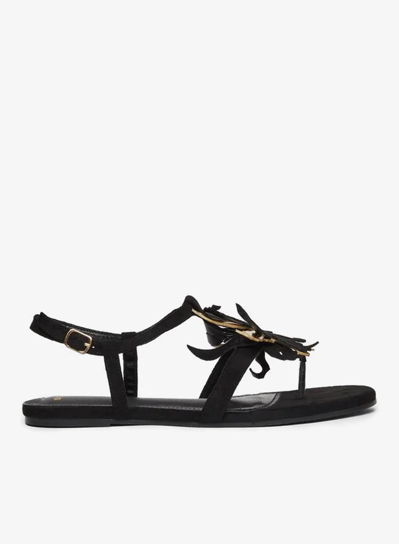 Styli Black Flat Sandals with Floral Detail