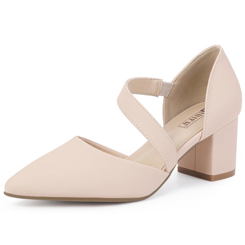 IDIFU Nude Women's Pumps Closed Toe Strappy Heels Low Block Chunky Heels Dressy Wedding Bride Prom Business Dress Shoes for Women Comfortable Formal Pointed Toe Short Small Heels(Nude Nubuck,7.5) - Image 1
